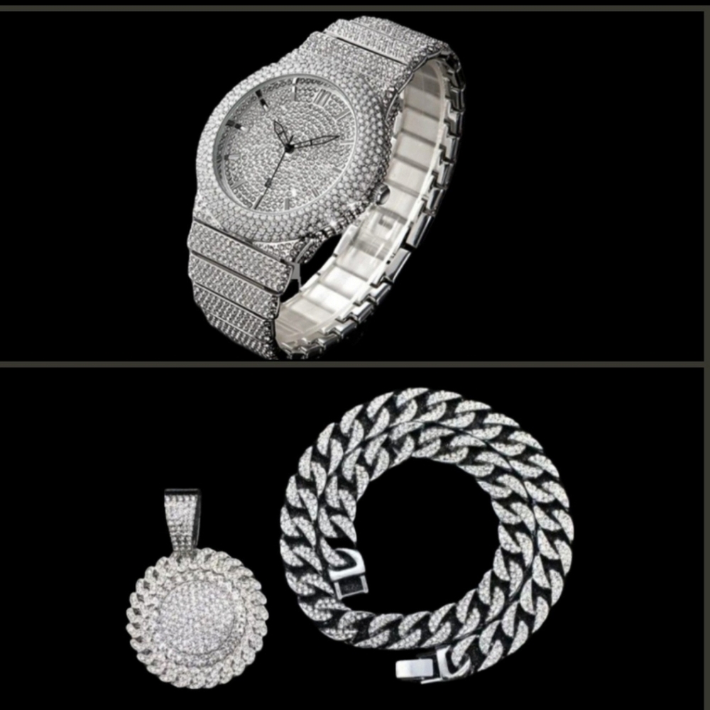Mens Full Iced Out Hip Hop Bling Simulated Diamond Quartz Watch & Iced C…